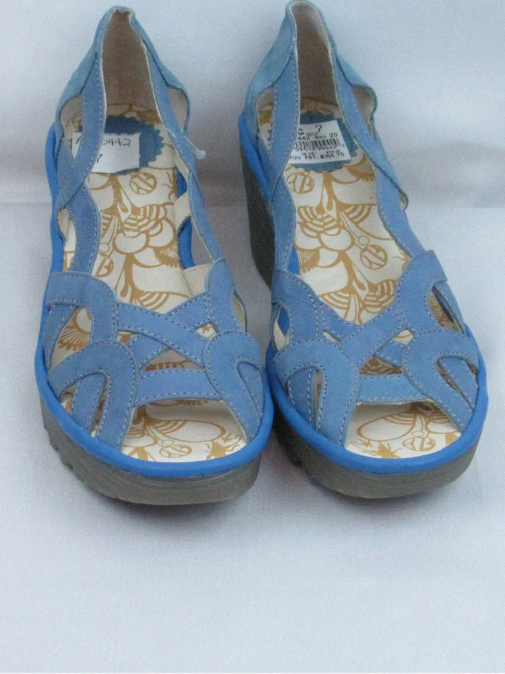 NWOB Fly London Yadi Blue Leather Peep-Toe Slip-On 2.5 Wedge Sandals EU37 US7